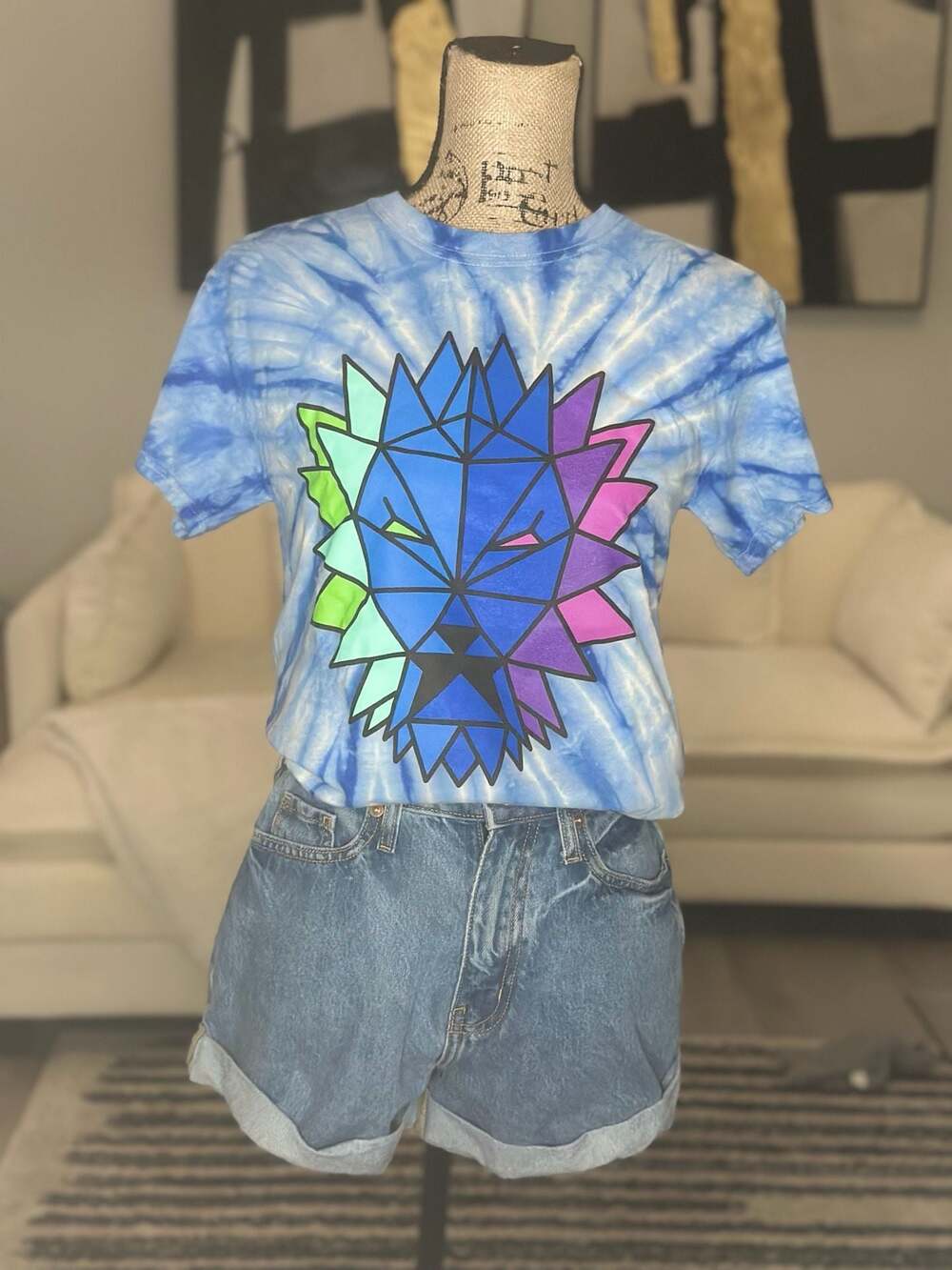 Geometric Rainbow Lion Blue Tie Dye T-Shirt